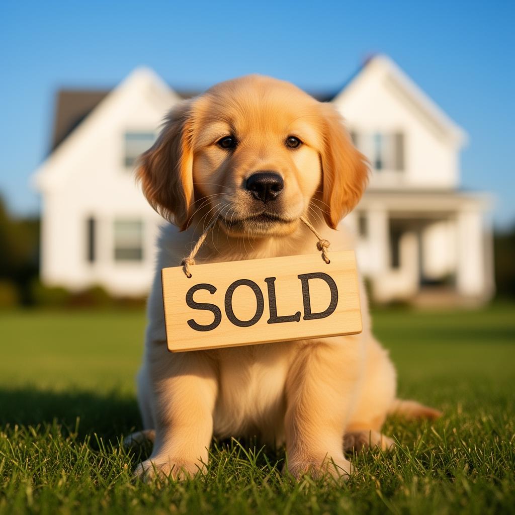 A golden retriever puppy holding a SOLD sign