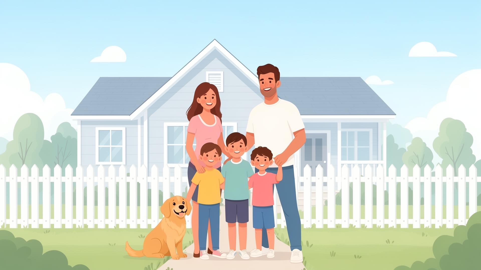 A happy family standing with their golden retriever in front of their home